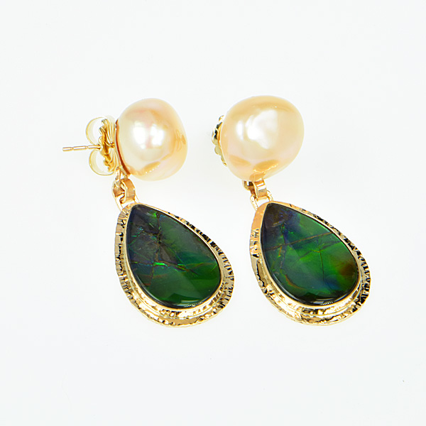 Baksa 14K Yellow Gold Freshwater Pearl and Ammolite Earrings