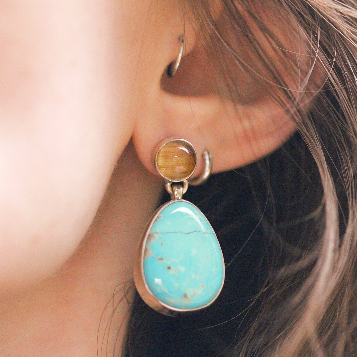 aCleoni Sterling Silver, Turquoise, and Rutilated Quartz Drop Earrings