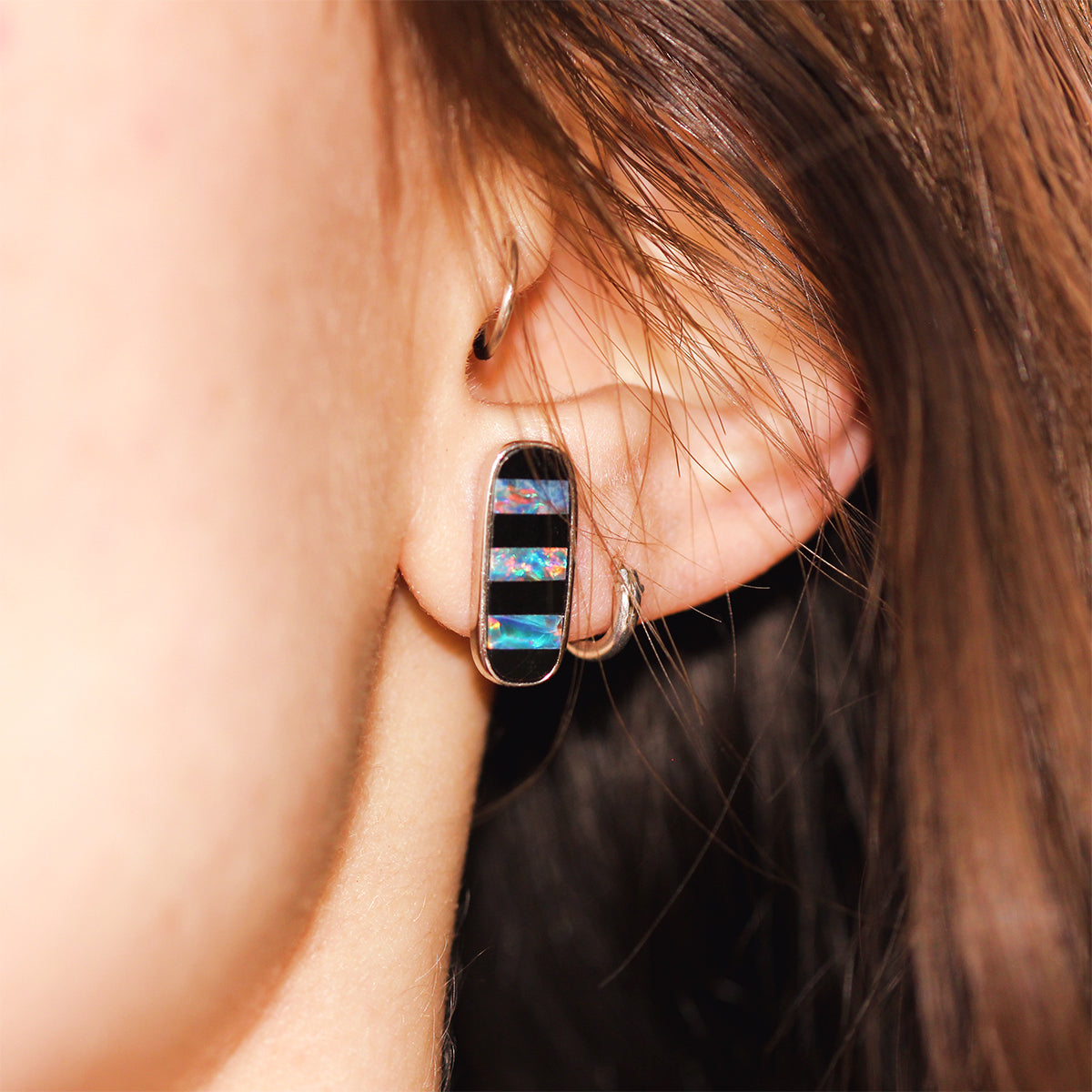 14K White Gold, Opal, and Onyx Stud Earrings