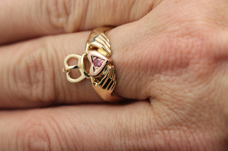 Two Tone Gold and Pink Diamond Claddagh Ring