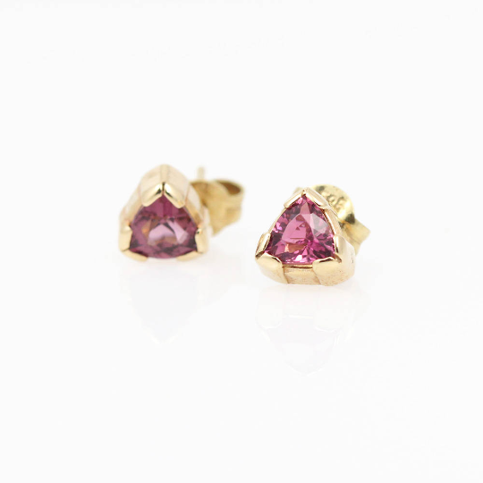 14K Yellow Gold Pink Tourmaline Trillion Studs