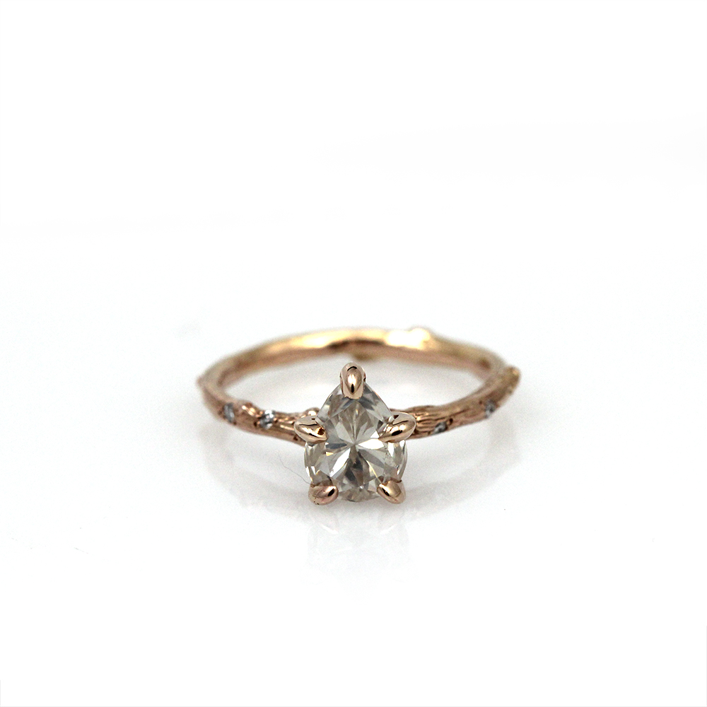 Pippa Jayne Designs 14K Rose Gold Moissanite and Diamond Skinny Twig Solitaire