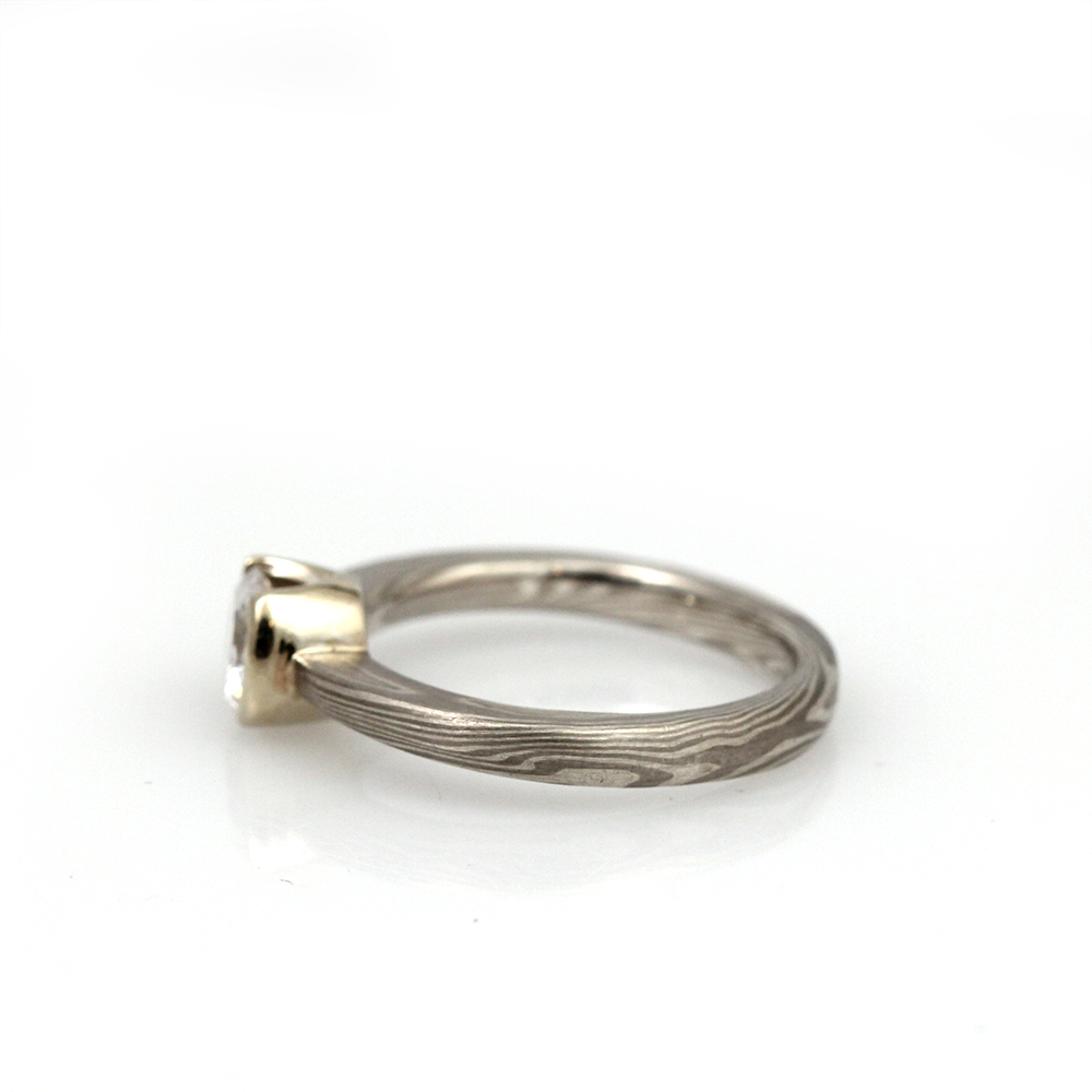 Chris Ploof 14K White Gold & Sterling Silver Mokume Gane Ring with Cubic Zirconia