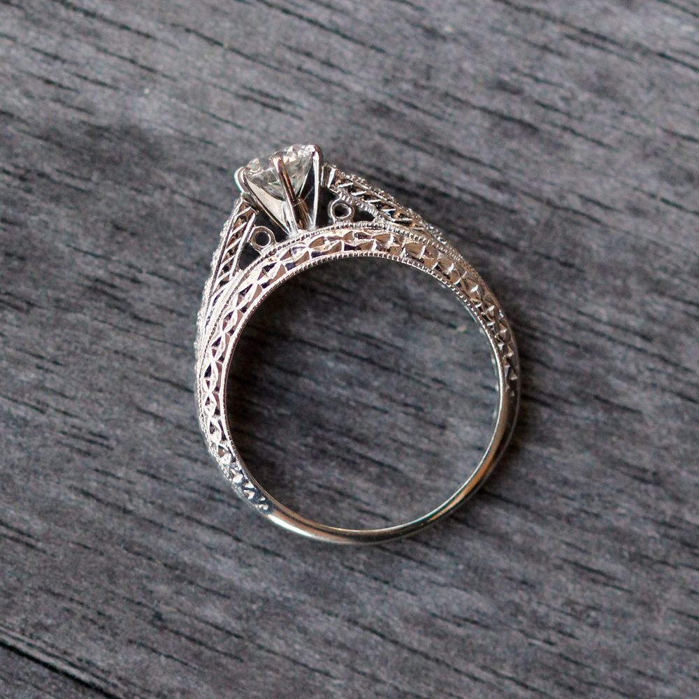 14K White Gold and Diamond Ring with Engraved Details