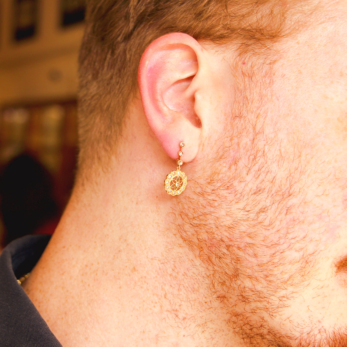 18K Rosy Yellow Gold and Diamond Floral Dangle Earrings