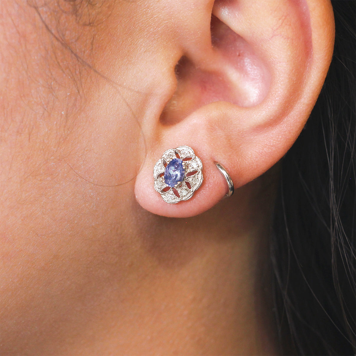 Estate 14K Rhodium-Plated White Gold Tanzanite and Diamond Stud Earrings