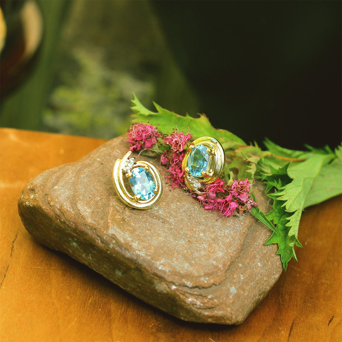 14K Yellow Gold, Blue Topaz, and Diamond Stud Earrings