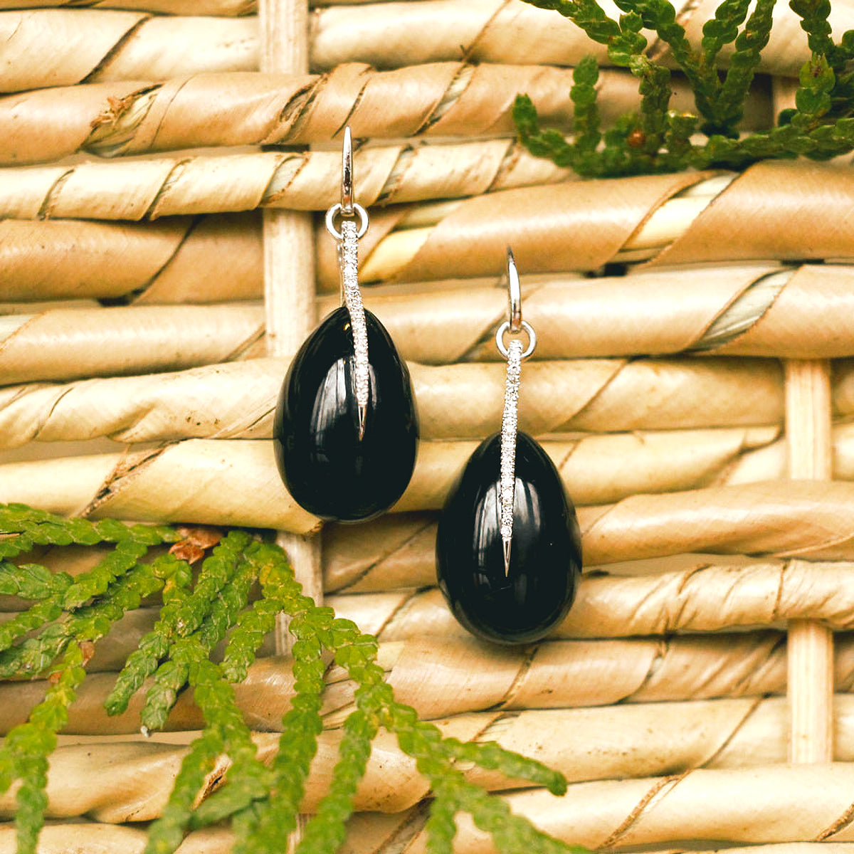 14K White Gold, Black Onyx, and Diamond Drop Earrings