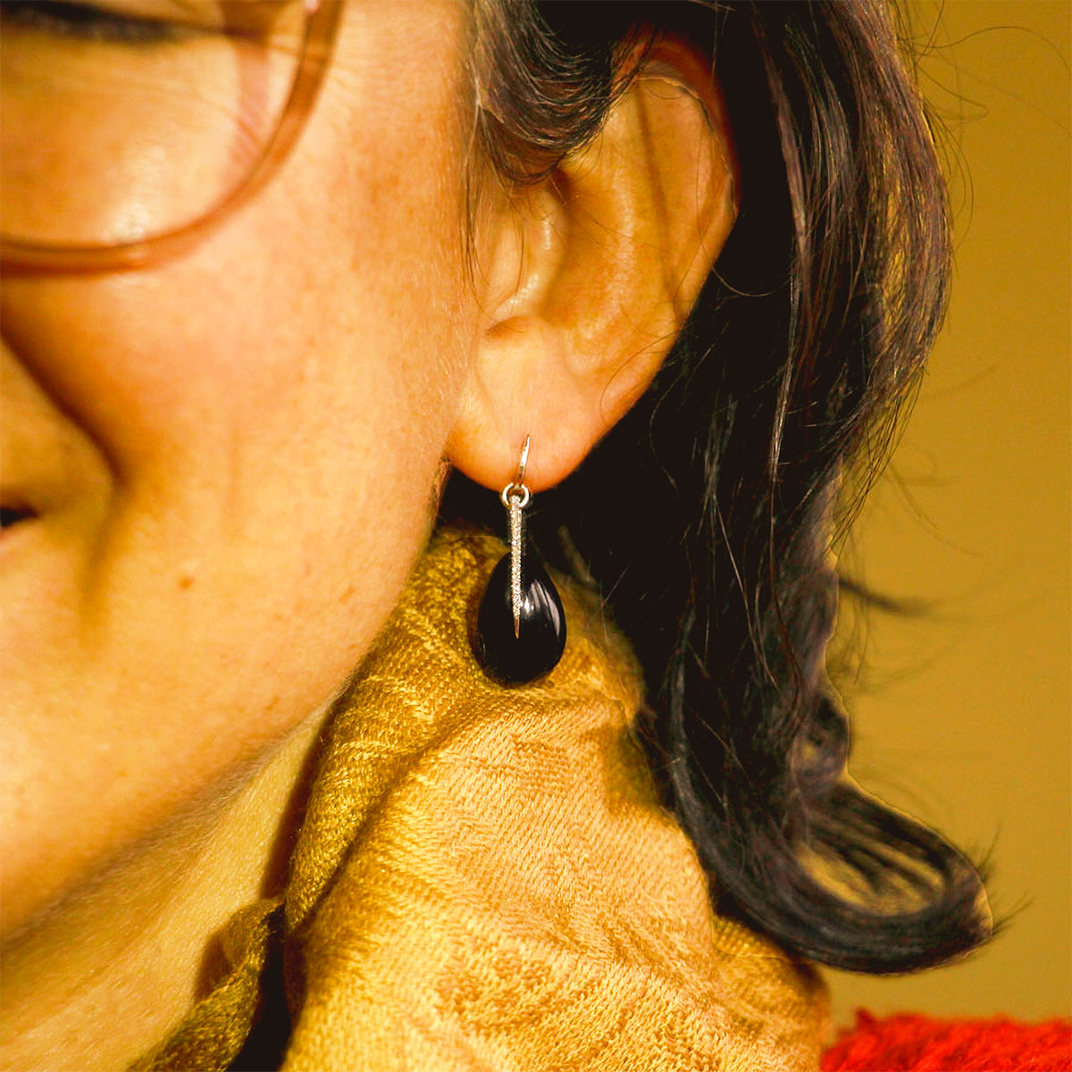 14K White Gold, Black Onyx, and Diamond Drop Earrings
