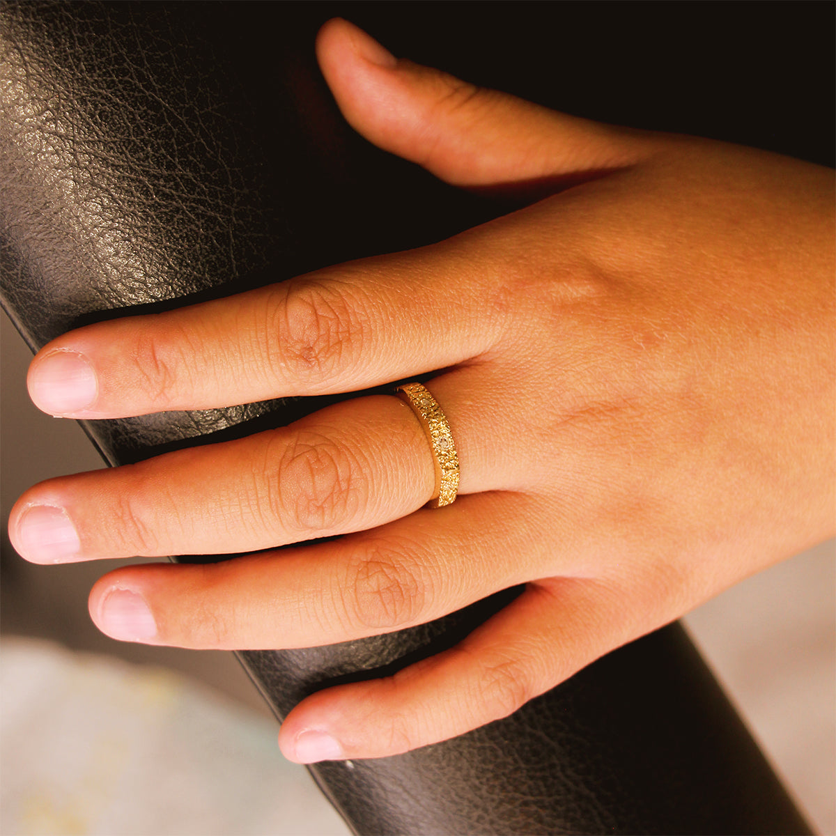 14K Yellow Gold and Diamond Nugget Hex Ring