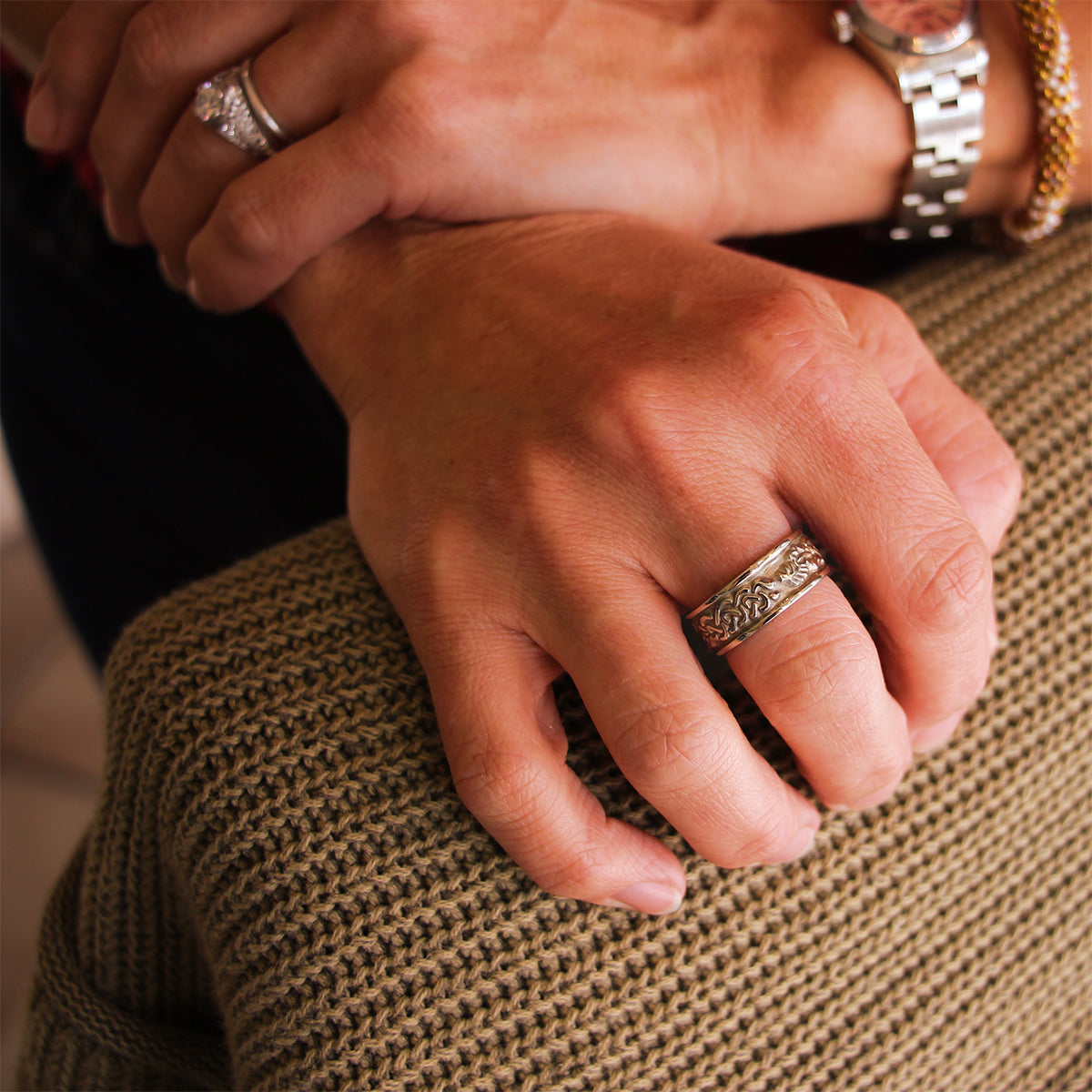 14K White Gold Celtic Cypress and Oak Wedding Band