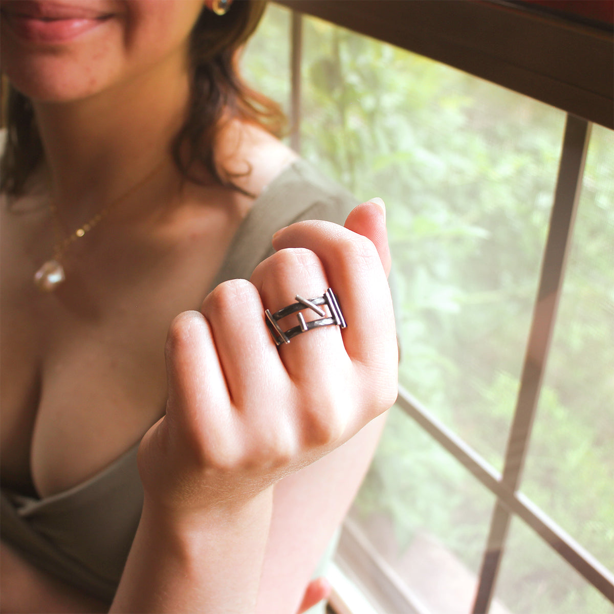 Sterling Silver Oxidized Duo-Band and Polished Wire Ring