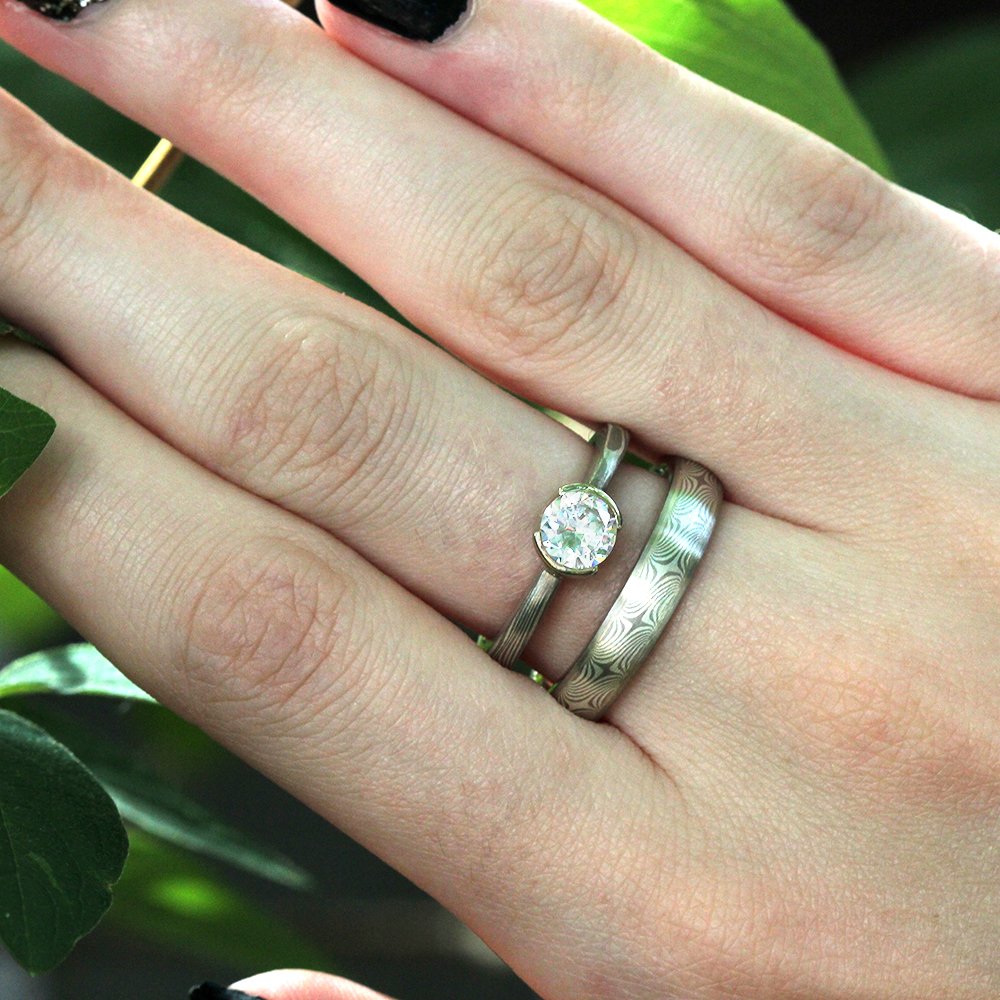 Chris Ploof 14K White Gold & Sterling Silver Mokume Gane Ring with Cubic Zirconia