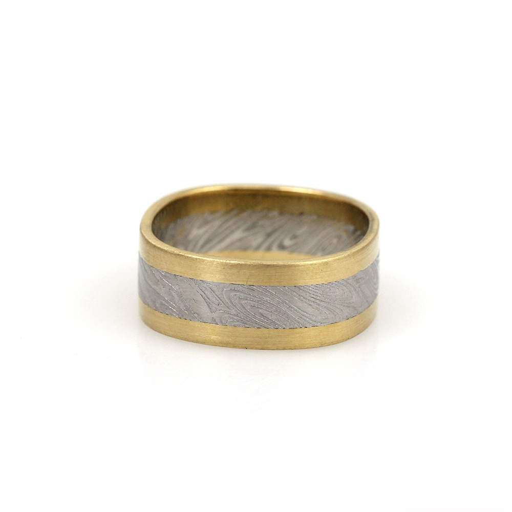 Chris Ploof Gold and Wood Grain Damascus Square Band