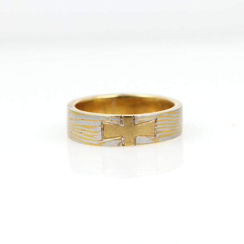 Platinum, 24K and 14K Yellow Gold Mokume Gane Ring