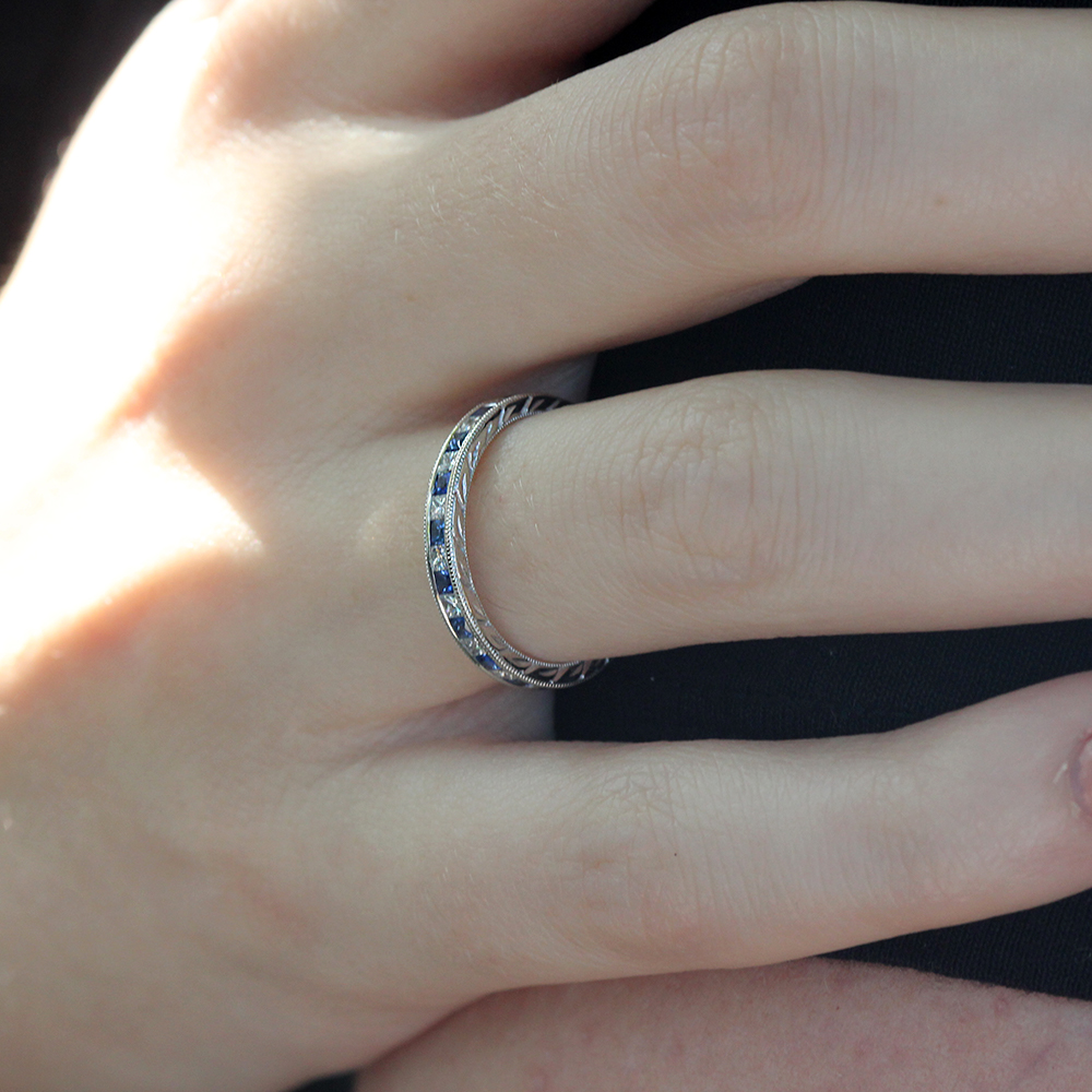 Princess Cut Diamond and Sapphire Engraved Eternity Band