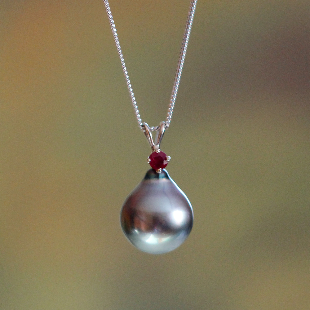 MOROKA 14K White Gold Tahitian Pearl and Ruby Pendant