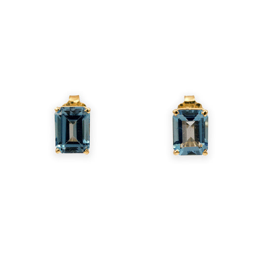 14K Yellow Gold Emerald Cut London Blue Topaz Stud Earrings
