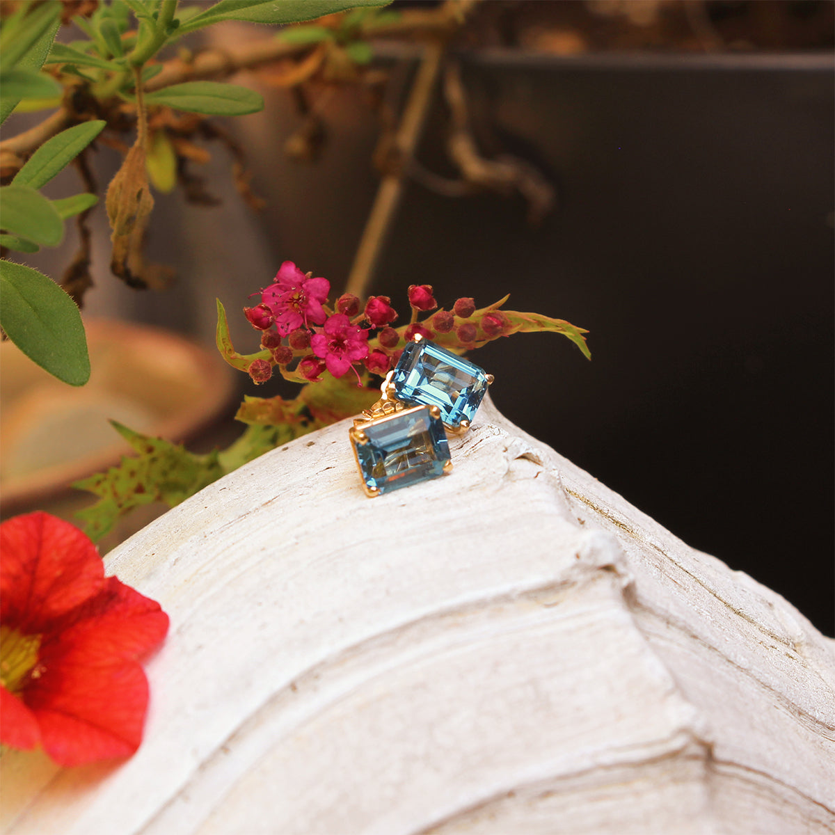 14K Yellow Gold Emerald Cut London Blue Topaz Stud Earrings