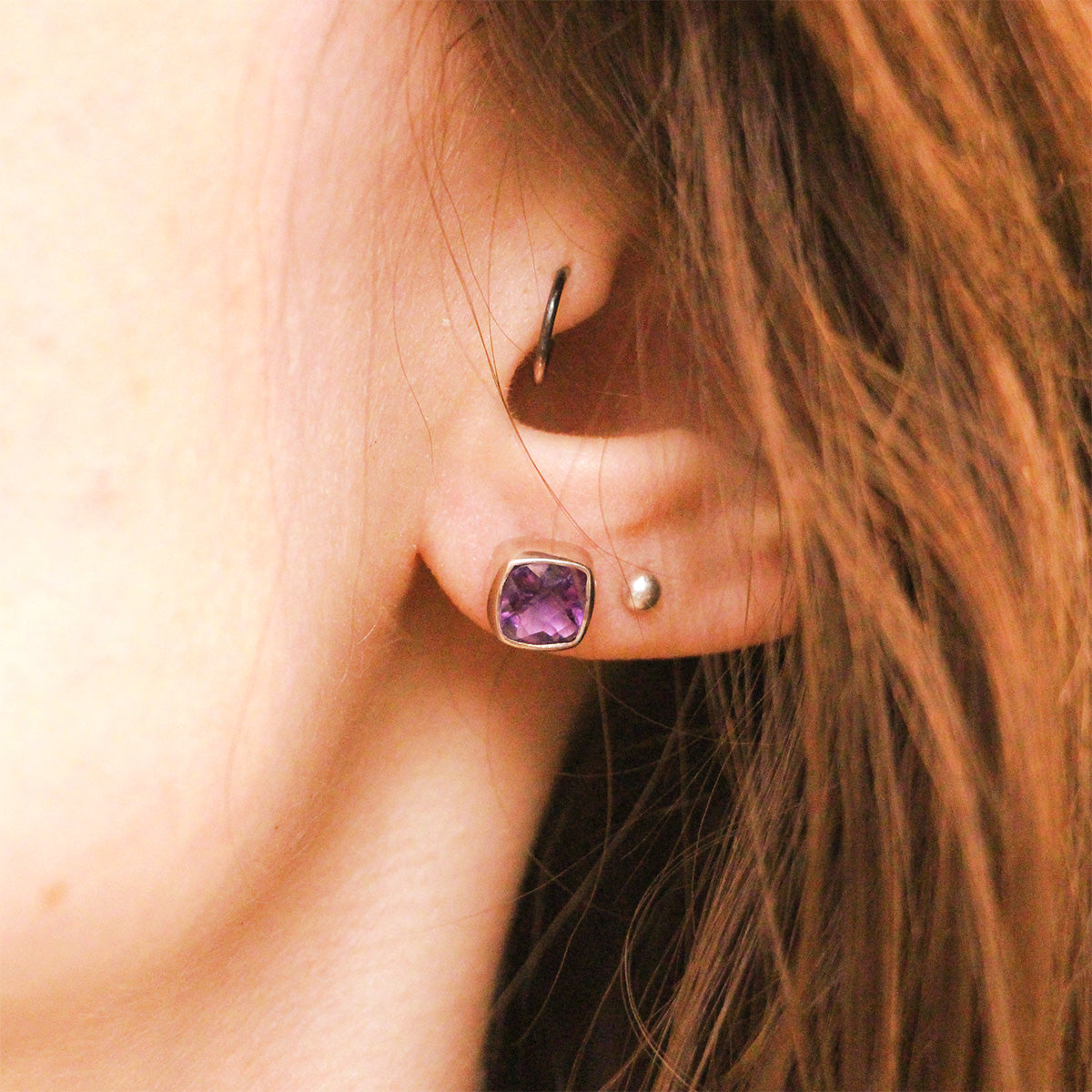 aCleoni Sterling Silver and Amethyst Square Checkerboard-cut Studs