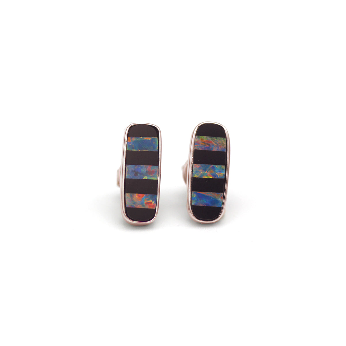 14K White Gold, Opal, and Onyx Stud Earrings