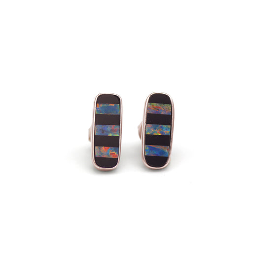 14K White Gold, Opal, and Onyx Stud Earrings
