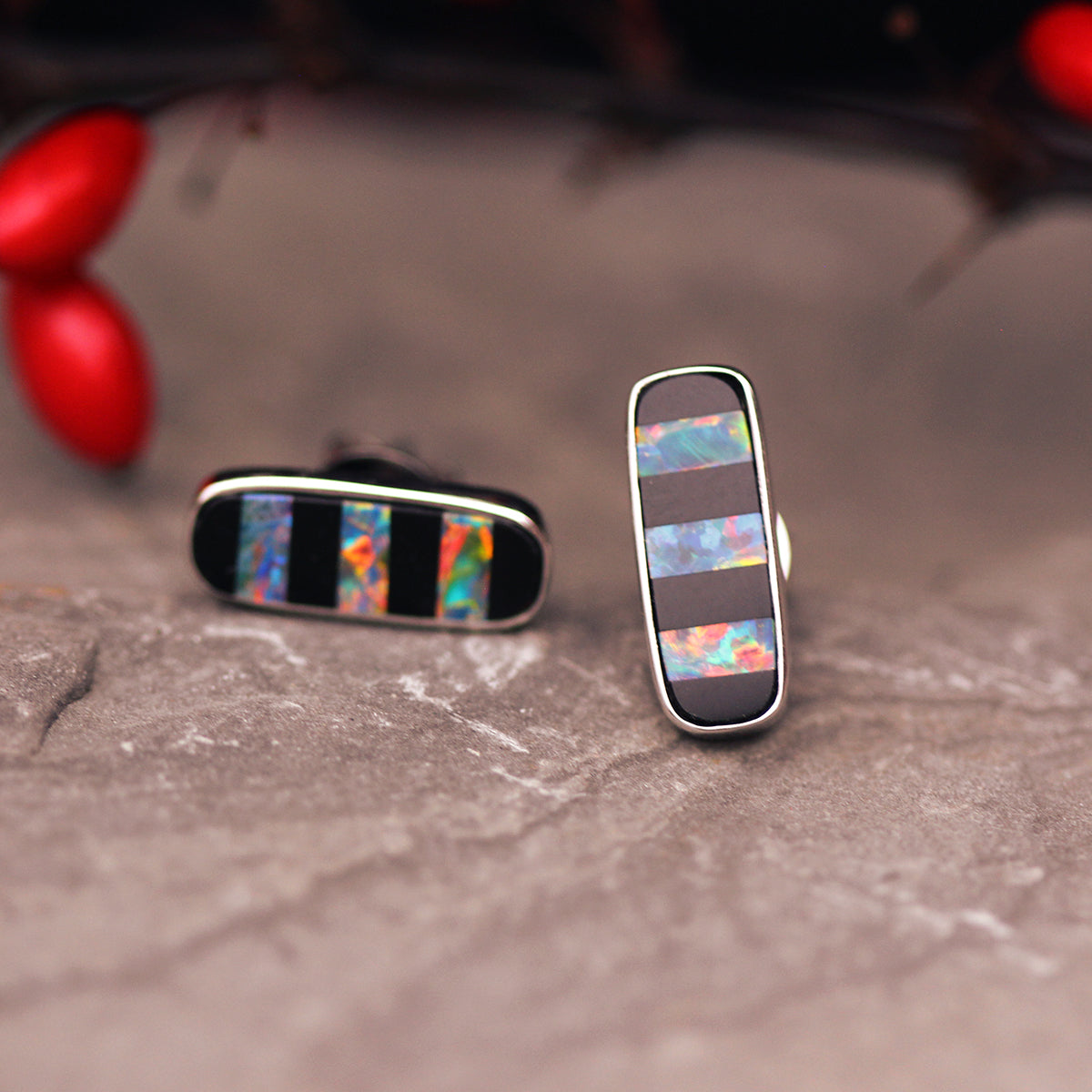 14K White Gold, Opal, and Onyx Stud Earrings