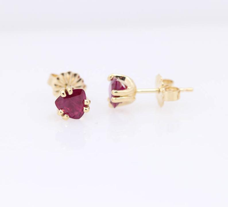 14K Yellow Gold 5mm Trillion Ruby Studs