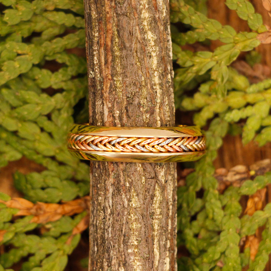 14k Tricolor Braid Ring with 14k Yellow Gold Rails