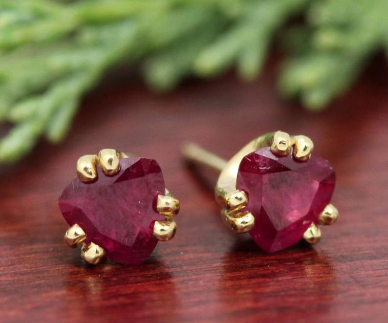 14K Yellow Gold 5mm Trillion Ruby Studs