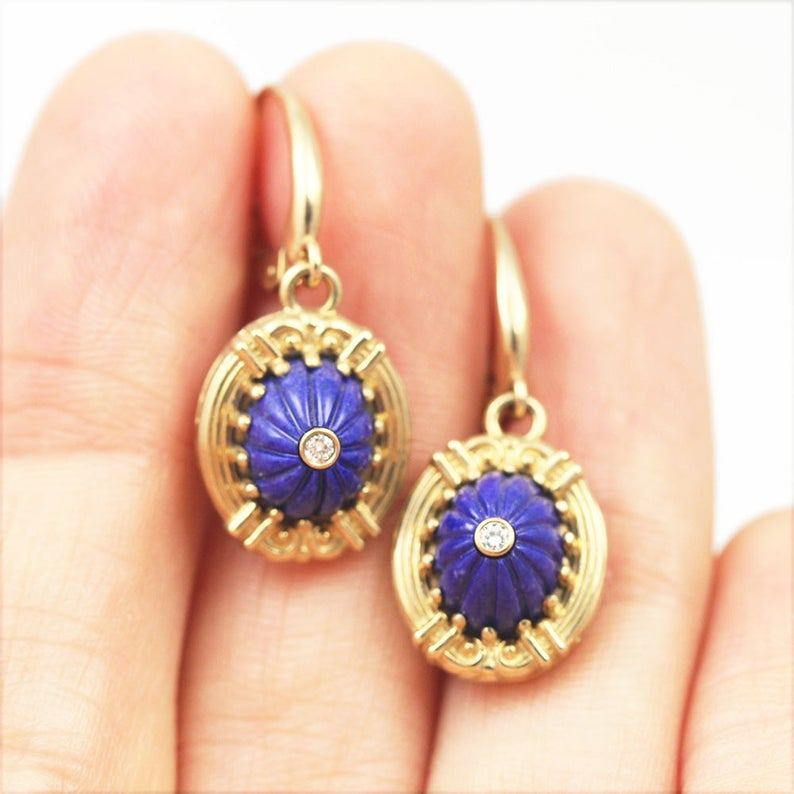 14K Yellow Gold, Lapis Lazuli, and Diamond Earrings