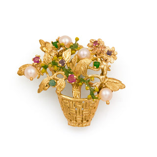 Vintage 14K Yellow Gold and Gemstone Garden Basket Pin