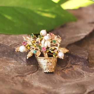Vintage 14K Yellow Gold and Gemstone Garden Basket Pin