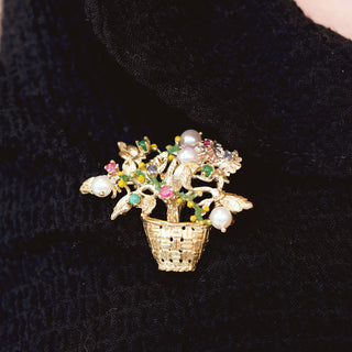 Vintage 14K Yellow Gold and Gemstone Garden Basket Pin