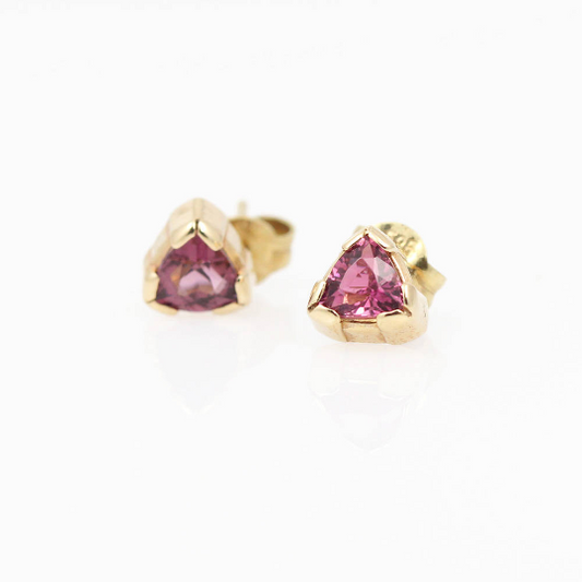 14K Yellow Gold Pink Tourmaline Trillion Studs