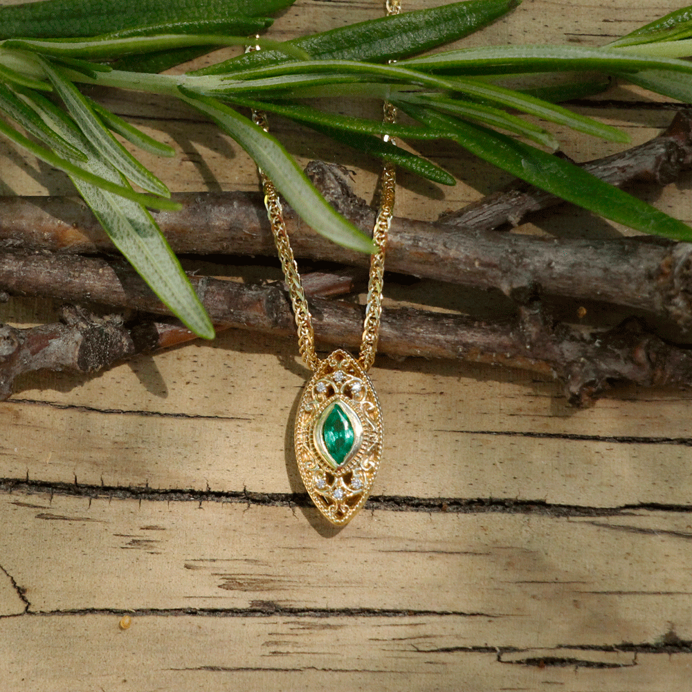 14K Yellow Gold Emerald and Diamond Slide Pendant