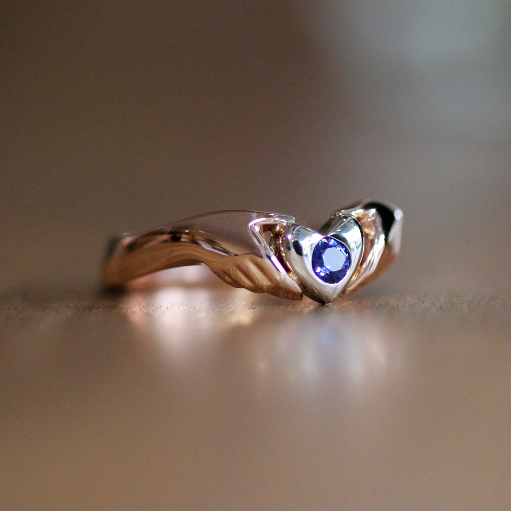 14K Rose and White Gold Claddagh Ring with Sapphire