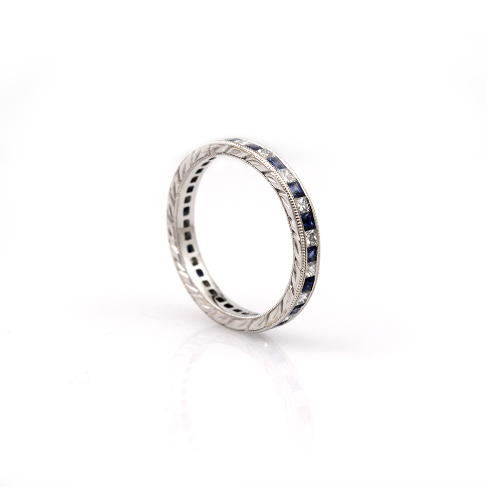 Princess Cut Diamond and Sapphire Engraved Eternity Band