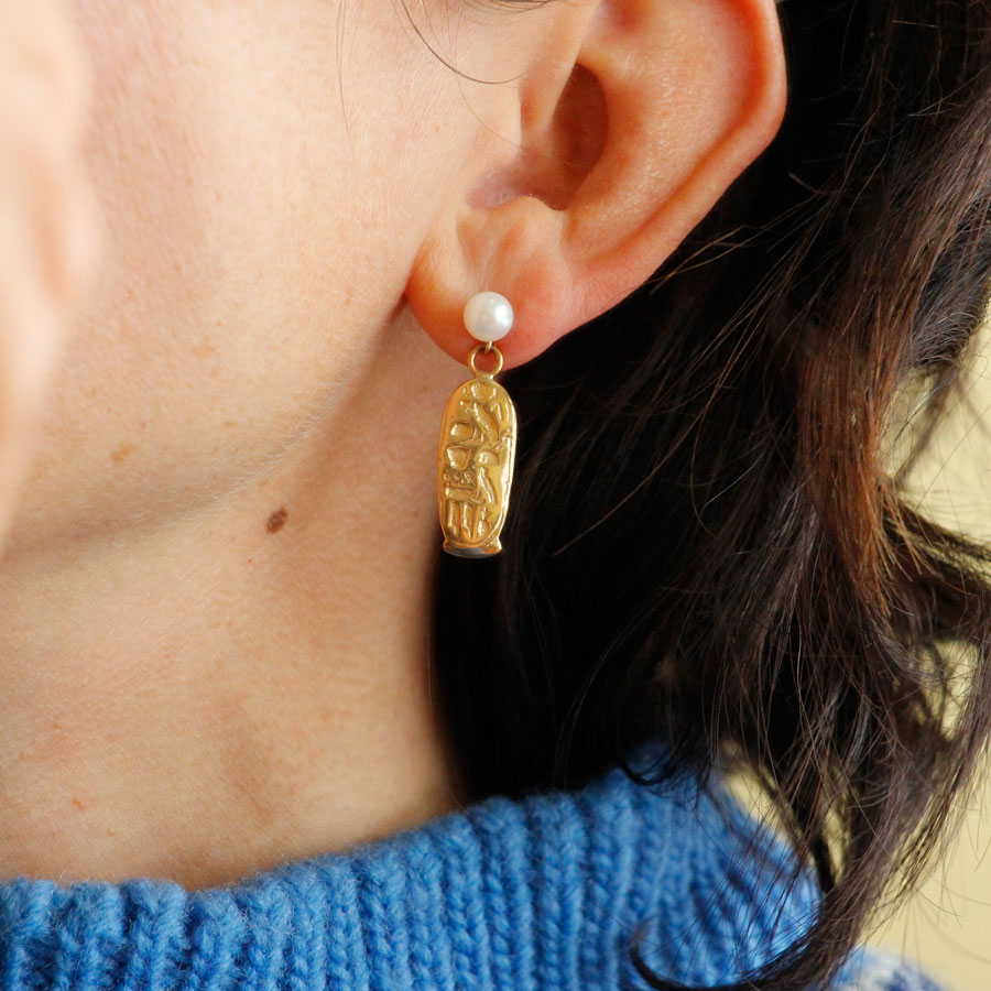 14K Gold and Pearl Egyptian Goddess Earrings