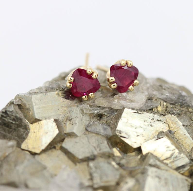 14K Yellow Gold 5mm Trillion Ruby Studs