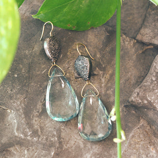 MOROKA 14K Yellow Gold and Sterling Silver Pave Diamond and Aquamarine Drop Earrings