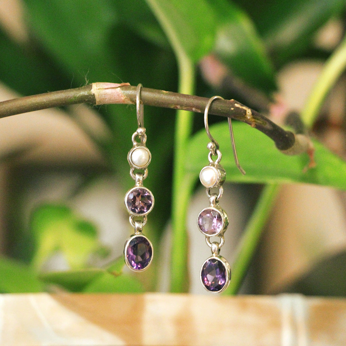 aCleoni Sterling Silver, Amethyst, and Pearl Drop Hook Earrings