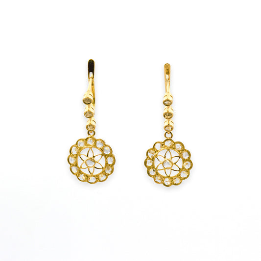 18K Rosy Yellow Gold and Diamond Floral Dangle Earrings