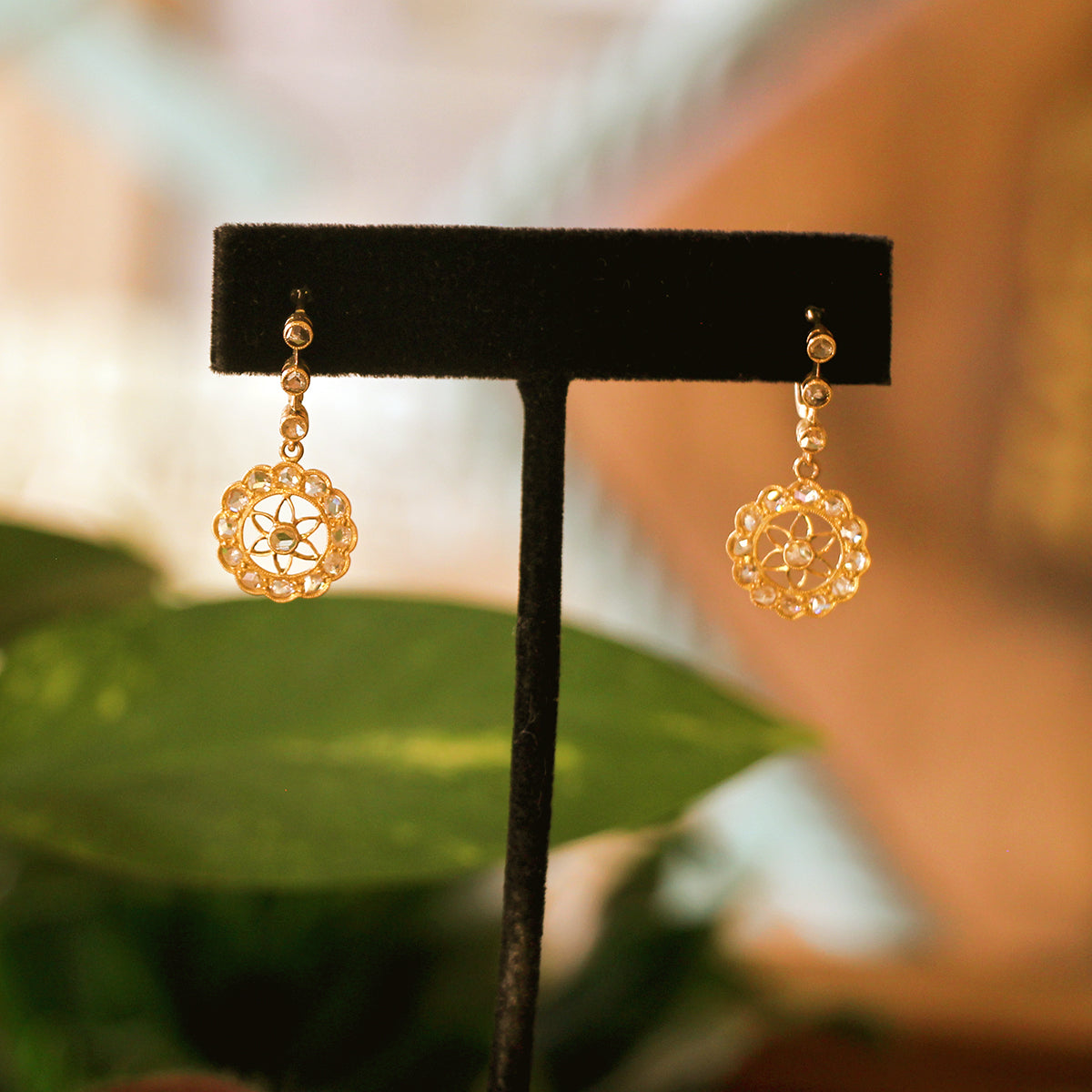 18K Rosy Yellow Gold and Diamond Floral Dangle Earrings