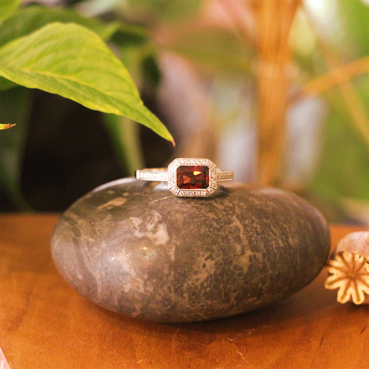 Estate 14K White Gold, Garnet, and Diamond Fashion Ring