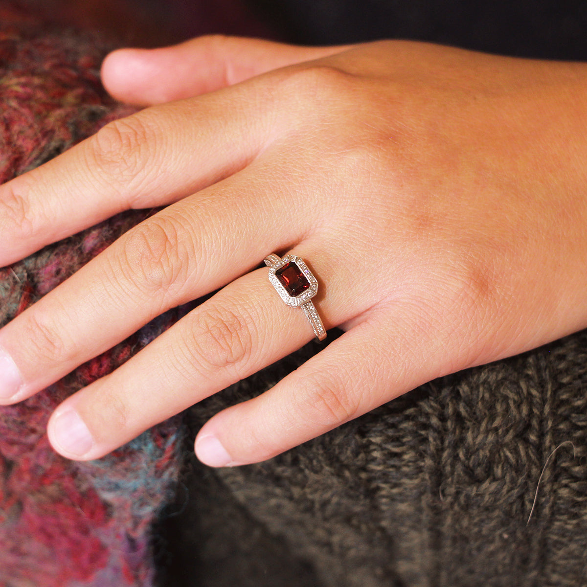 Estate 14K White Gold, Garnet, and Diamond Fashion Ring