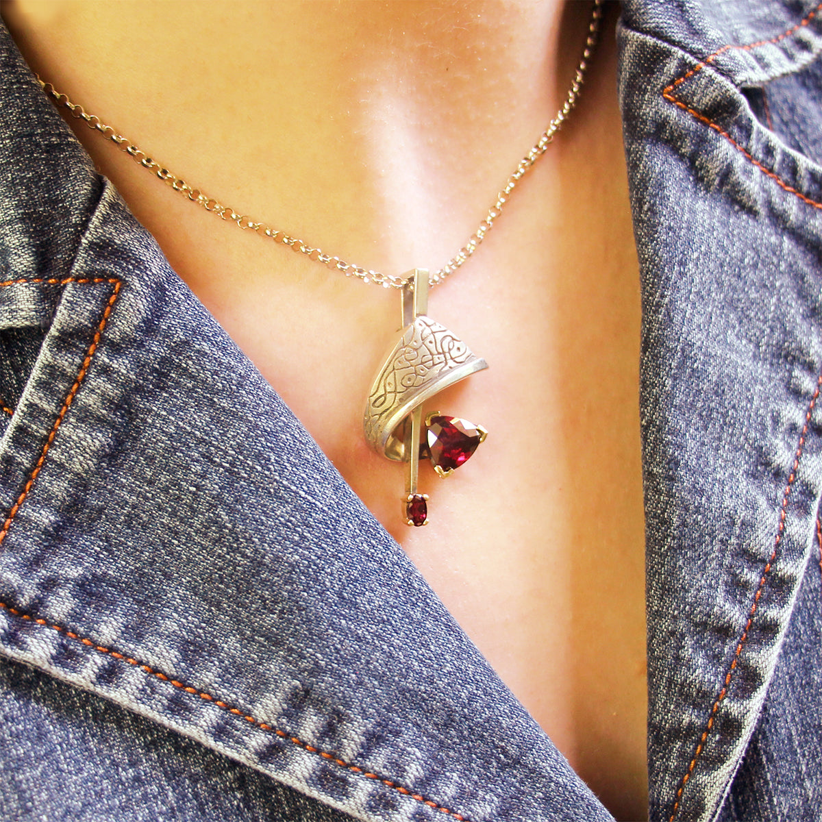 Estate 14K Gold and Sterling Silver Garnet Pendant