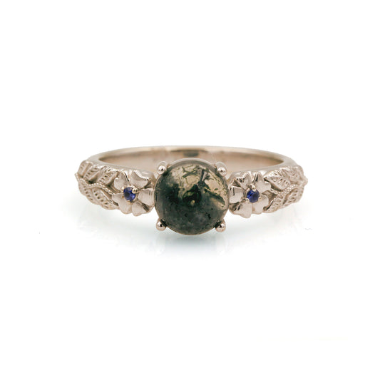 14K White Gold Moss Agate and Sapphire Ring