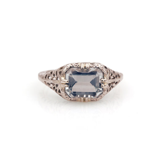 14K White Gold, Platinum, and Aquamarine Antique Ring