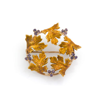 Vintage 18K Yellow and White Gold and Sapphire Oak Leaf Pin